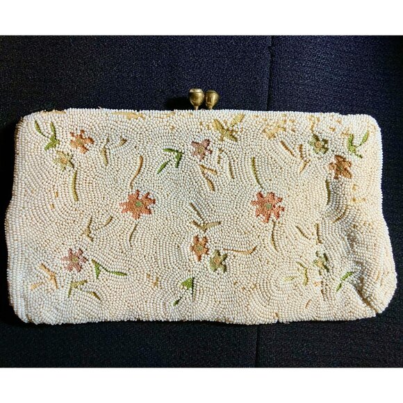 Vintage Walborg beaded evening purse, 1950s, handmade, pastel floral on whilte - Picture 1 of 7